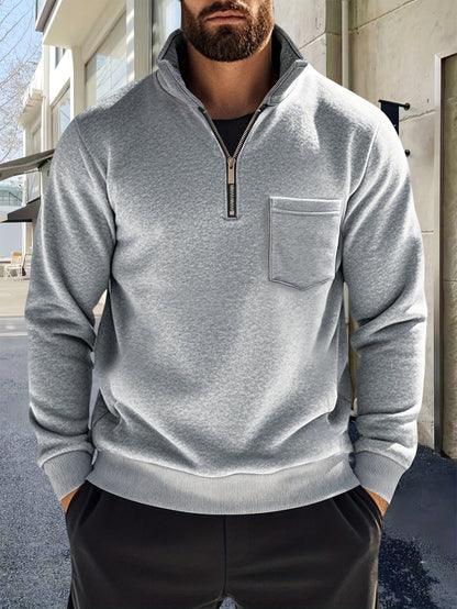Sweat-shirt Homme Col Montant Zippé avec Poche Poitrine Couleur Unie