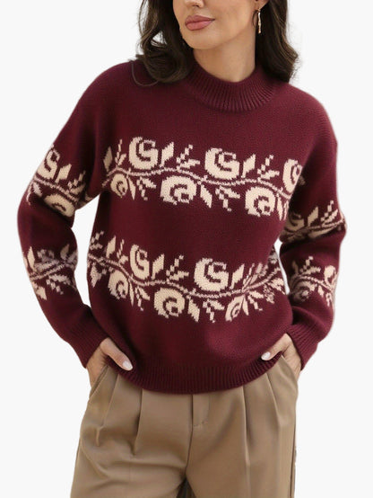 Elegante gebloemde jacquard trui voor dames, herfst-winter stijl, lange mouwen