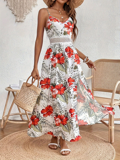Elegant lang kjole til kvinder med blomsterprint og stropper til sommer og ferie