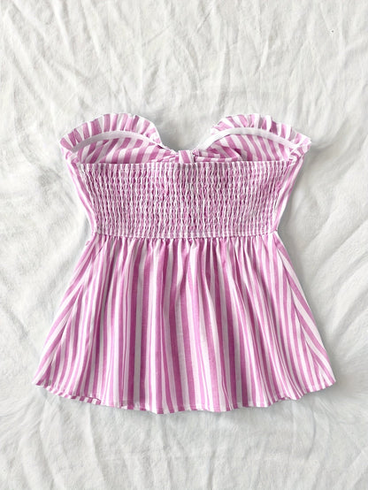 Striped tied-front bustier top casual style for women