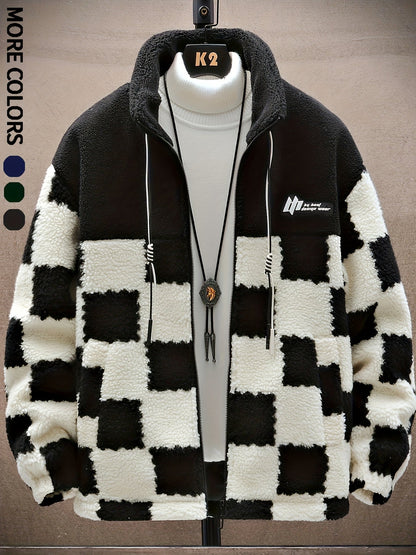 Veste Polaire Homme à Carreaux Bicolores Douce Col Montant Fermeture Éclair