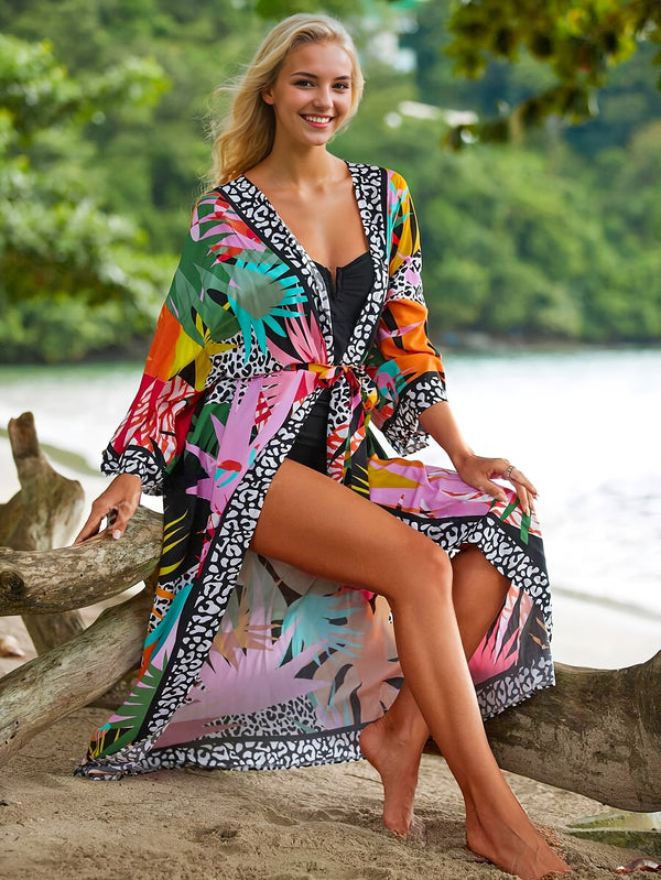 Women's Long Beach Kimono with Tropical Graphic and Animal Print Style - Perfect for Holidays and Seaside