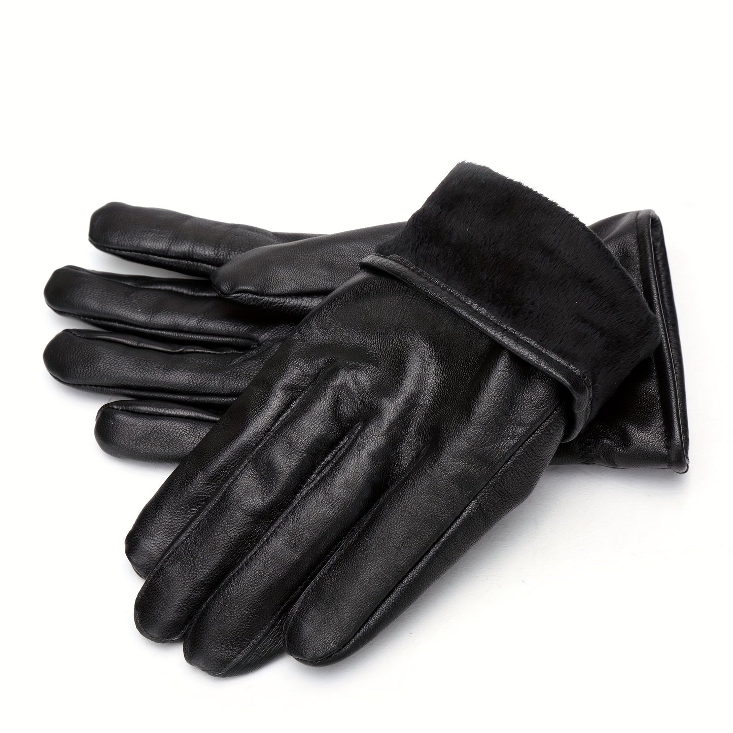 Gants noirs homme à l'aspect cuir, avec poignet élastique et bouton-pression