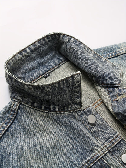 Veste sans manches en denim délavé bleu pour homme avec boutons et poches