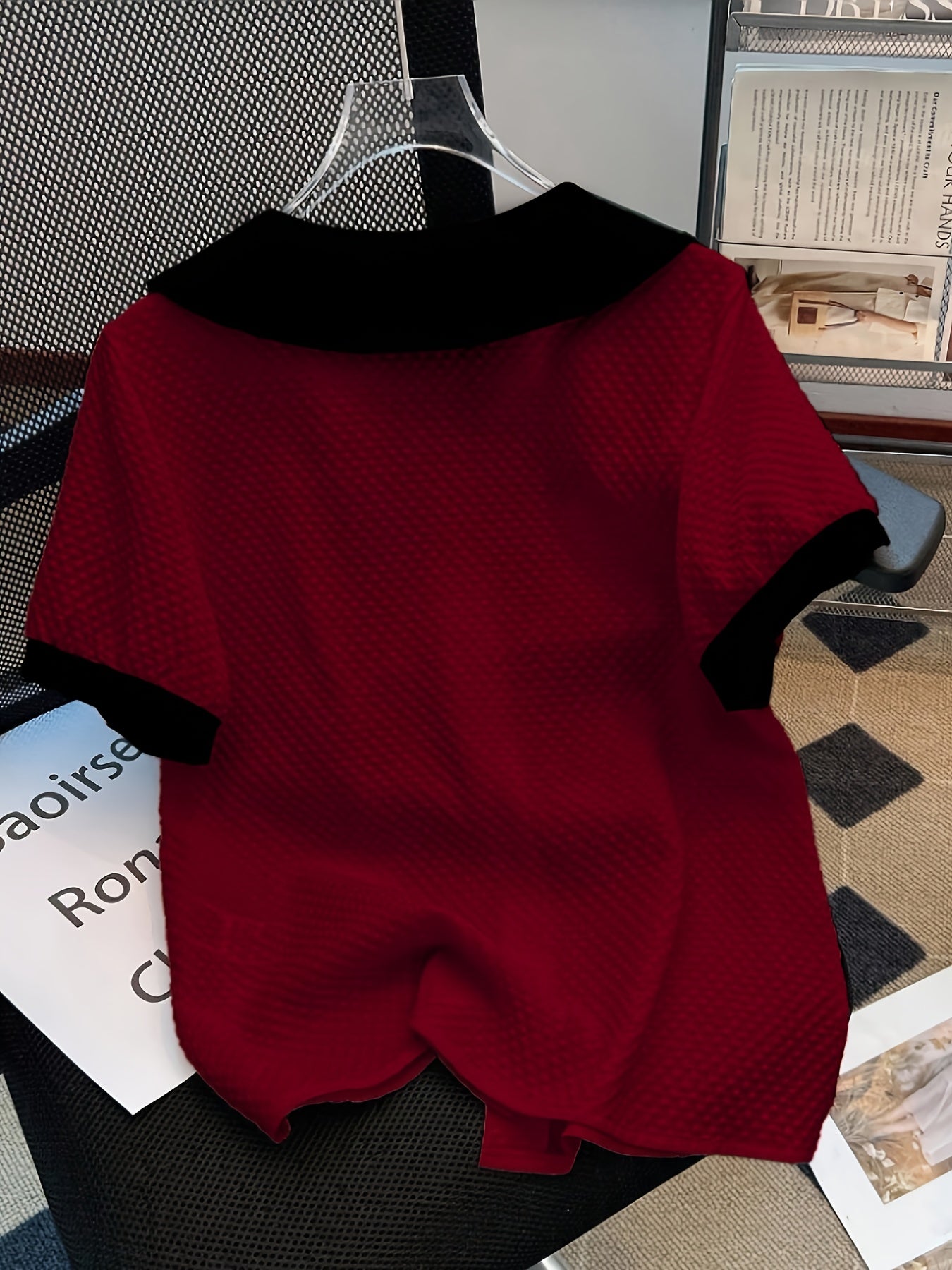 Blusa elegante para mujer con cuello Claudine estilo retro, mangas cortas, ideal para la oficina o salidas