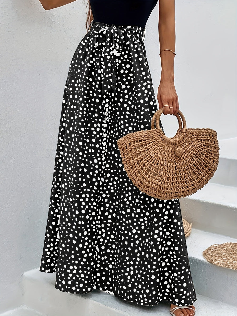 Weite Damenhose mit Punkten, eleganter Stil für Frühling/Sommer mit gebundenem Gürtel  