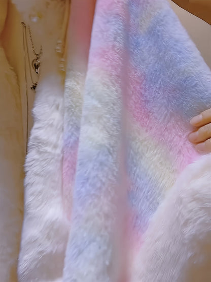 Cape à capuche arc-en-ciel en fausse fourrure douce avec franges et bordure pelucheuse