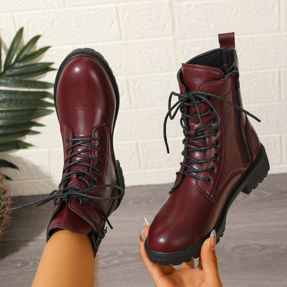Bottes chelsea femme bordeaux à lacets et fermeture éclair latérale, semelle épaisse