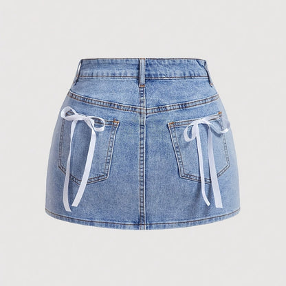 Short denim skirt with decorative bows for women, elegant and casual style