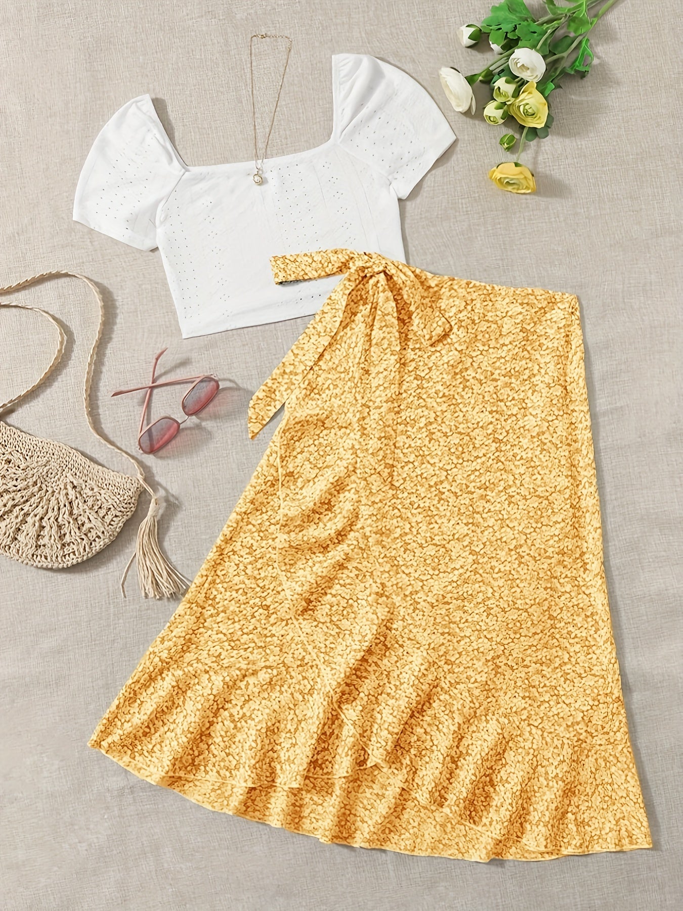 Women's Boho Chic Set – Short Sleeve Crop Top and Floral Wrap Skirt