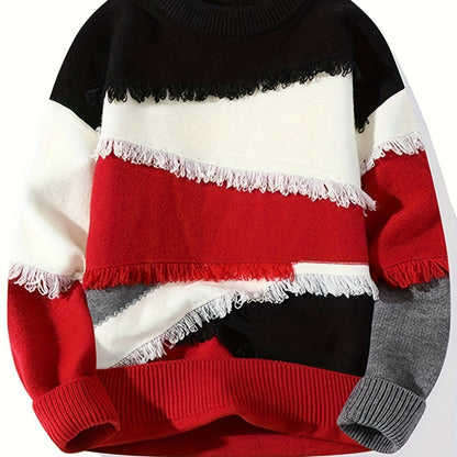 Pull Homme Col Rond Color Block à Franges Tricoté Décontracté