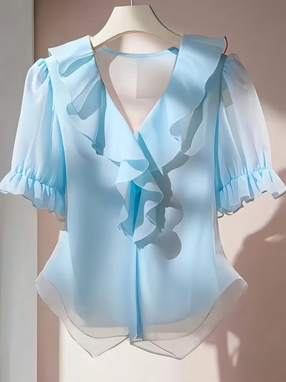 Elegant Women's Blouse with Ruffles Romantic Style for Office and Evening