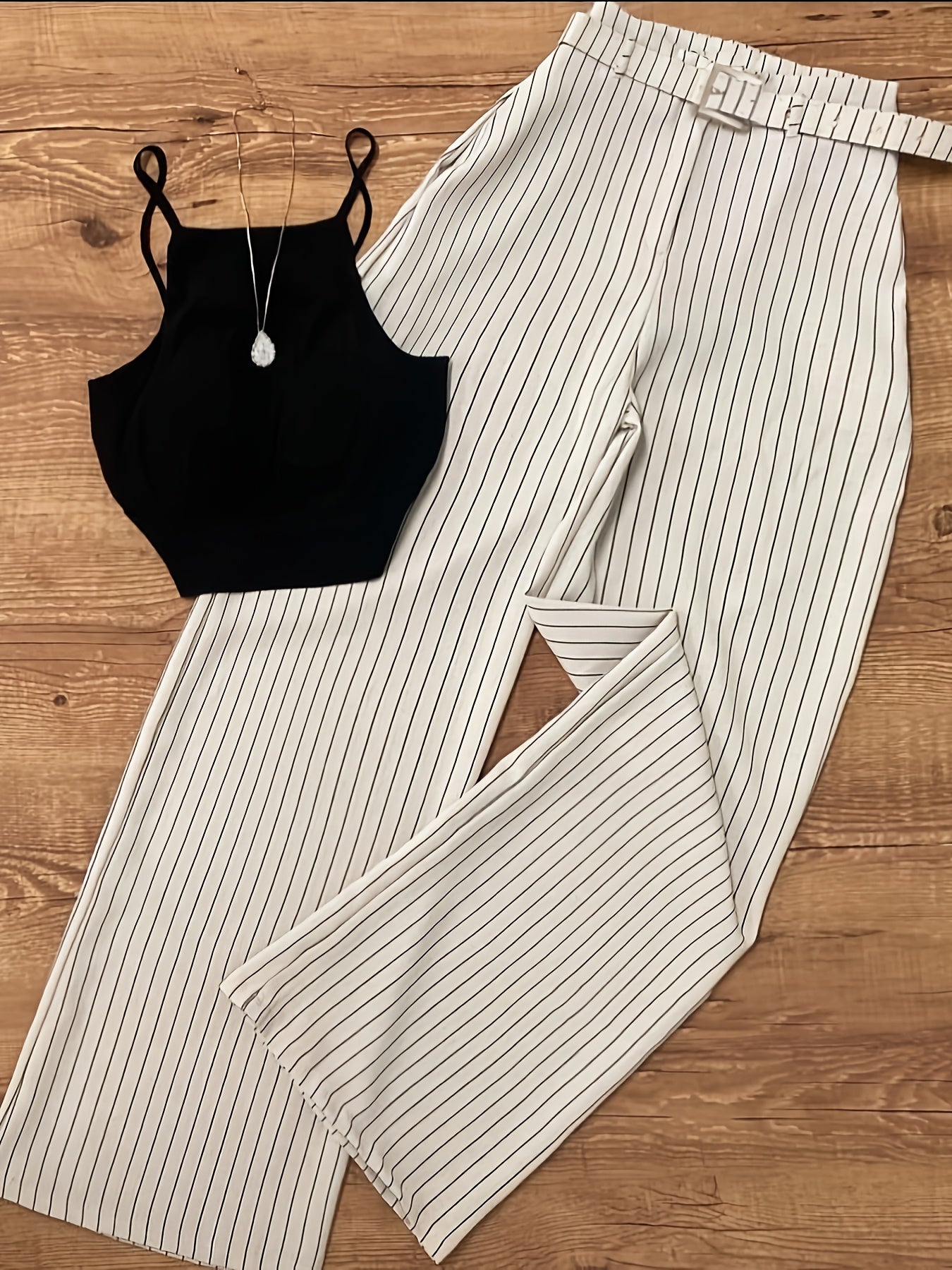 Ensemble femme élégant à rayures pour printemps/été, pantalon large et crop top chic
