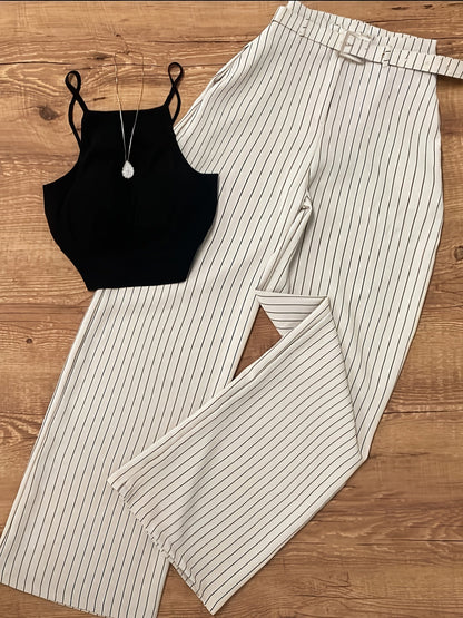 Ensemble femme élégant à rayures pour printemps/été, pantalon large et crop top chic