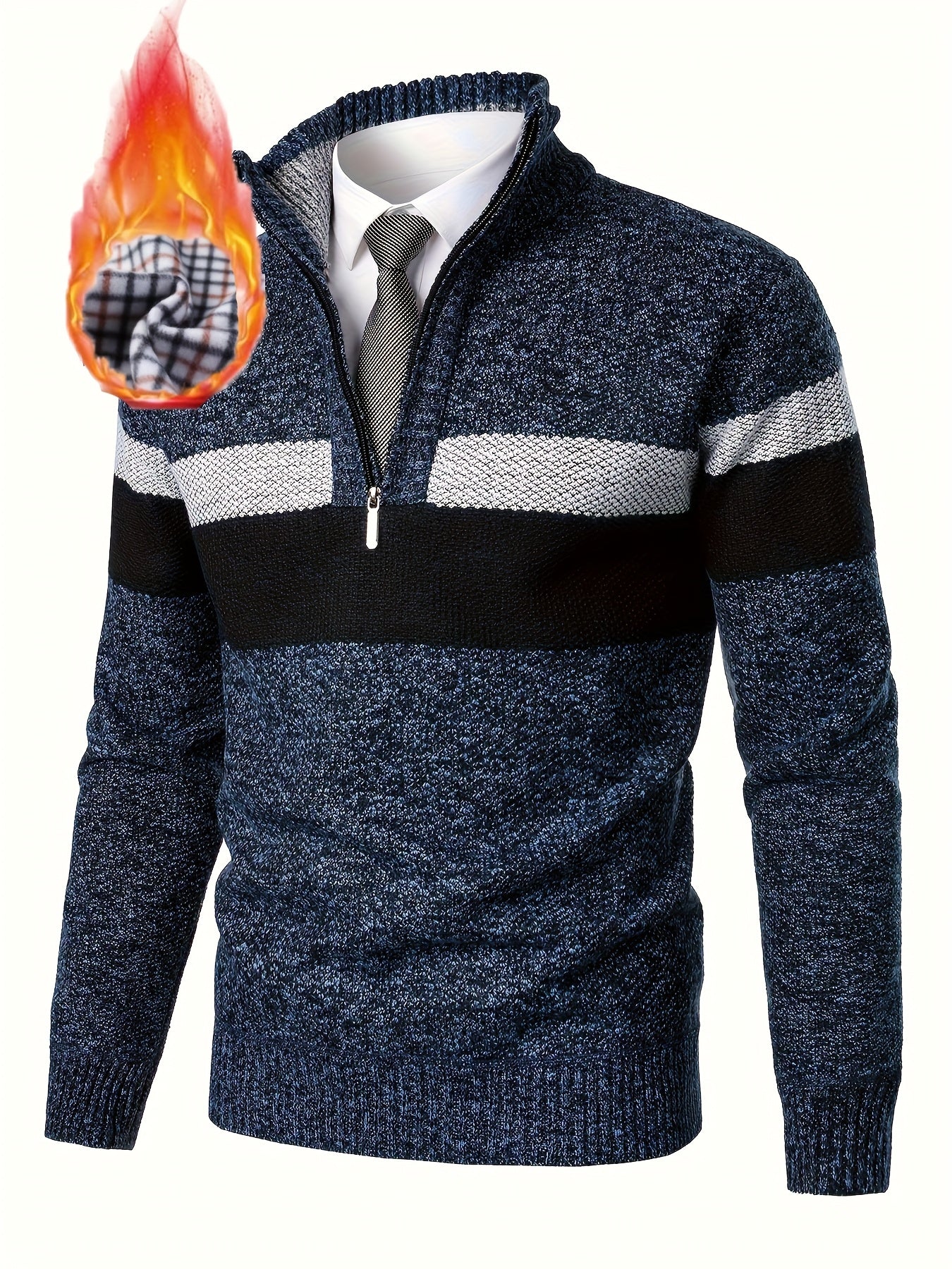Pull homme tricoté à rayures, col montant zippé, doublure polaire beige et marron