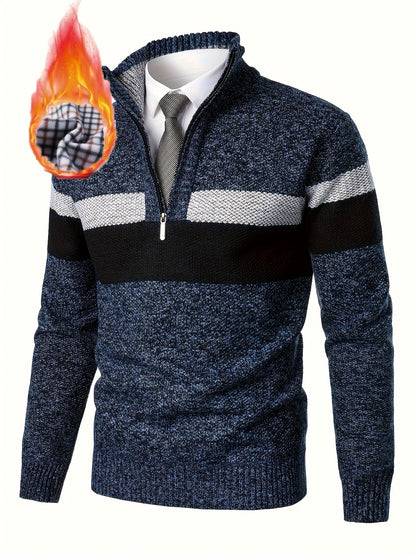 Pull homme tricoté à rayures, col montant zippé, doublure polaire beige et marron