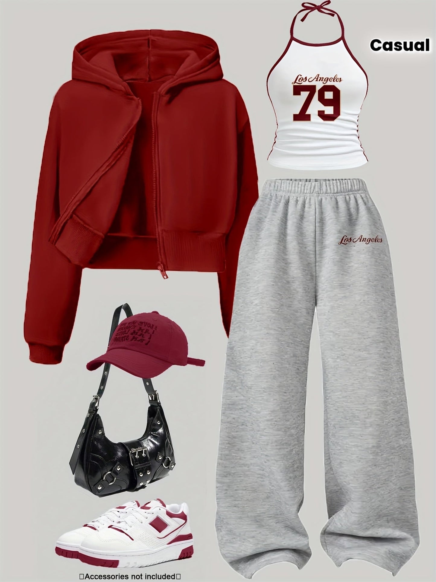 Ensemble Sportif Décontracté Femme 3 Pièces : Sweat à Capuche Court Zippé, Débardeur Halter et Pantalon Large Molletonné