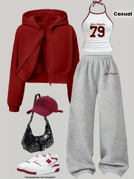Ensemble Sportif Décontracté Femme 3 Pièces : Sweat à Capuche Court Zippé, Débardeur Halter et Pantalon Large Molletonné