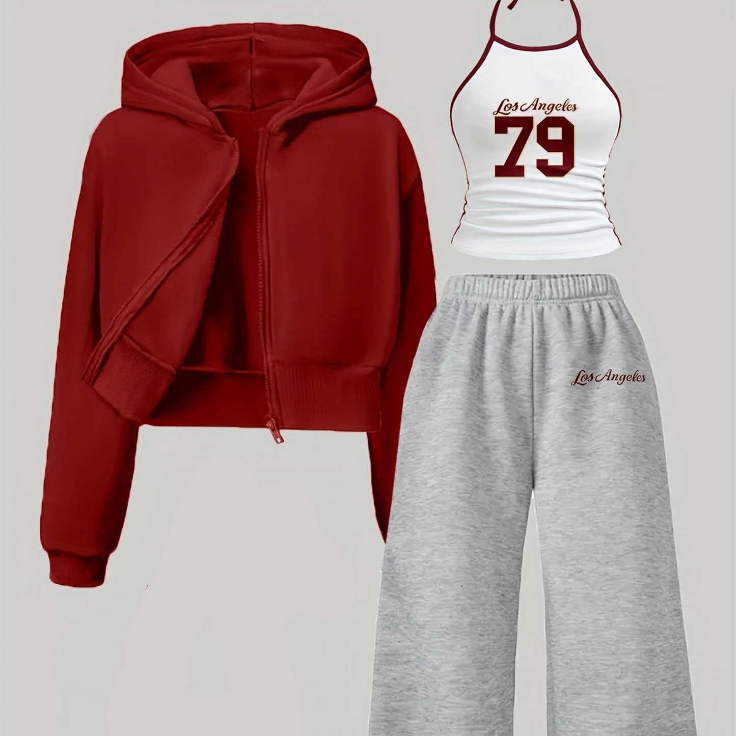 Ensemble Sportif Décontracté Femme 3 Pièces : Sweat à Capuche Court Zippé, Débardeur Halter et Pantalon Large Molletonné