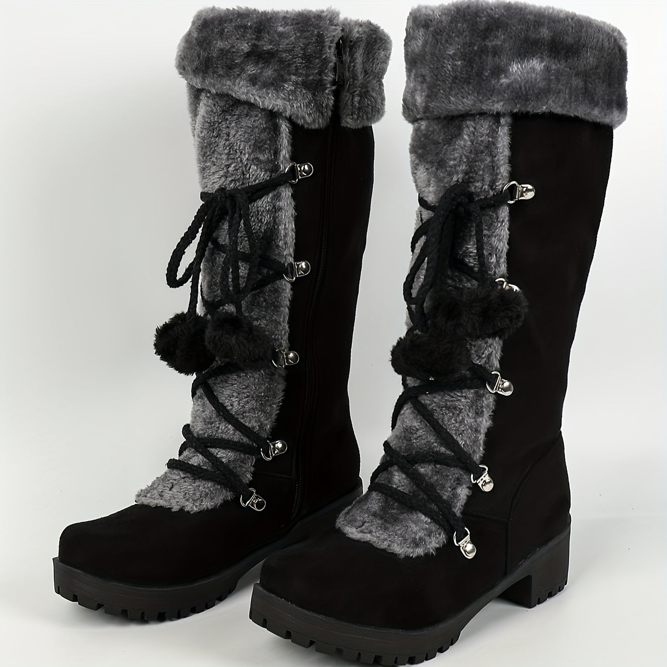 Bottes Femme Noires Mi-Mollet Effet Daim avec Doublure Fourrure Grise et Lacets Décoratifs
