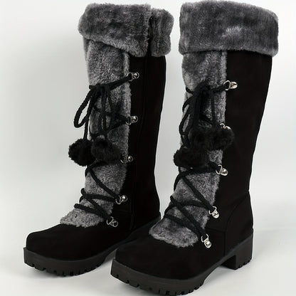 Bottes Femme Noires Mi-Mollet Effet Daim avec Doublure Fourrure Grise et Lacets Décoratifs
