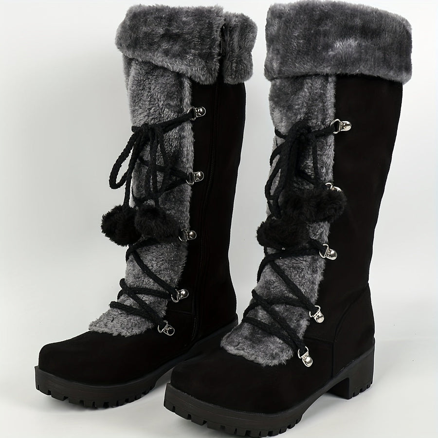 Black Mid-Calf Women's Suede-Effect Boots with Gray Fur Lining and Decorative Laces