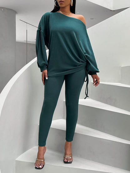 Ensemble pull col bateau et legging côtelé femme vert foncé