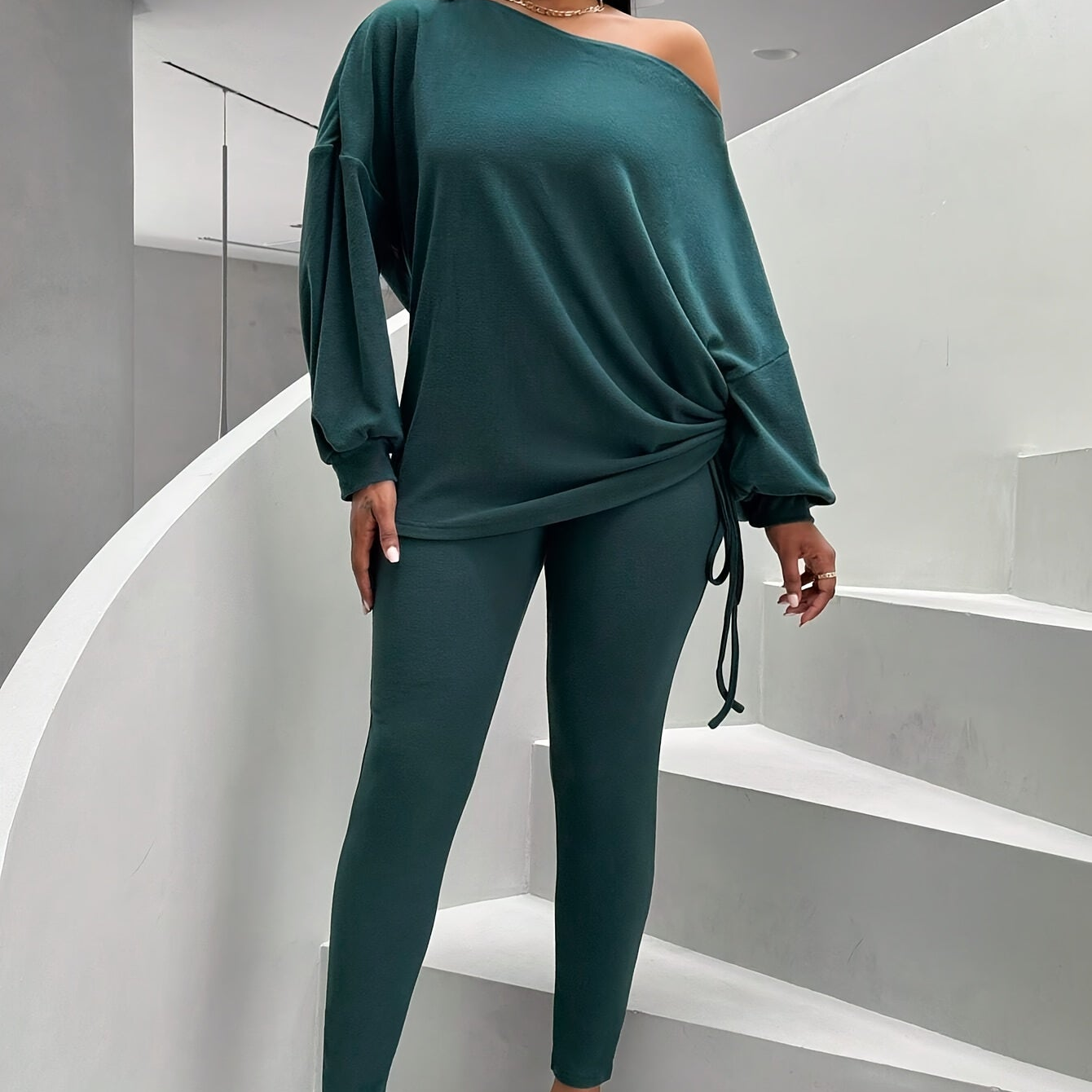 Ensemble pull col bateau et legging côtelé femme vert foncé