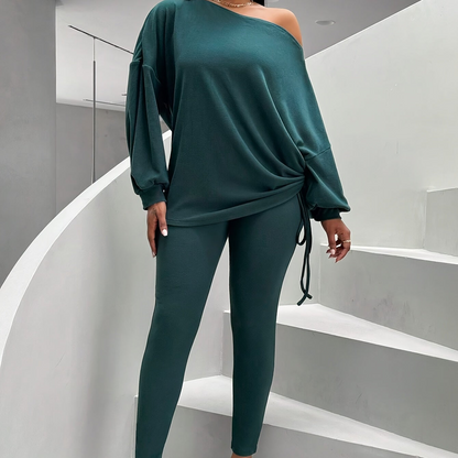 Ensemble pull col bateau et legging côtelé femme vert foncé