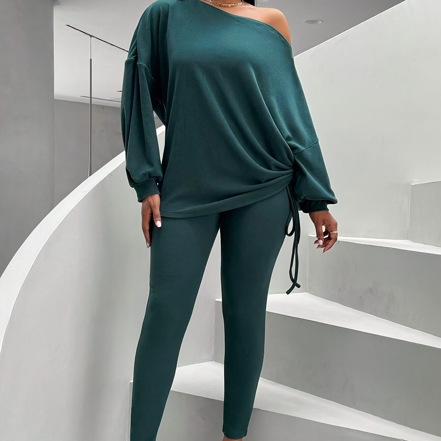 Ensemble pull col bateau et legging côtelé femme vert foncé