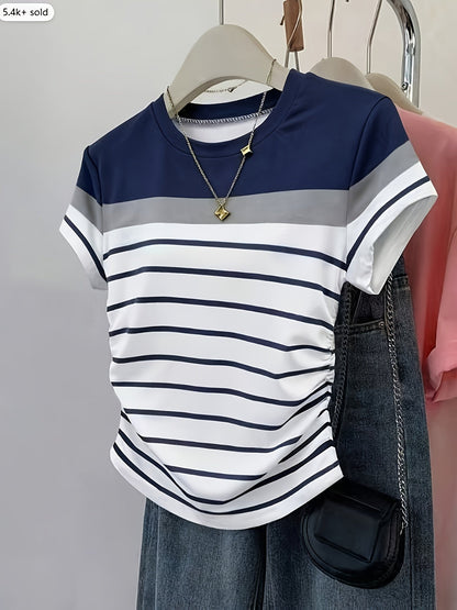 T-shirt pour femme style décontracté à rayures et fronces, manches courtes, col rond, tendance été