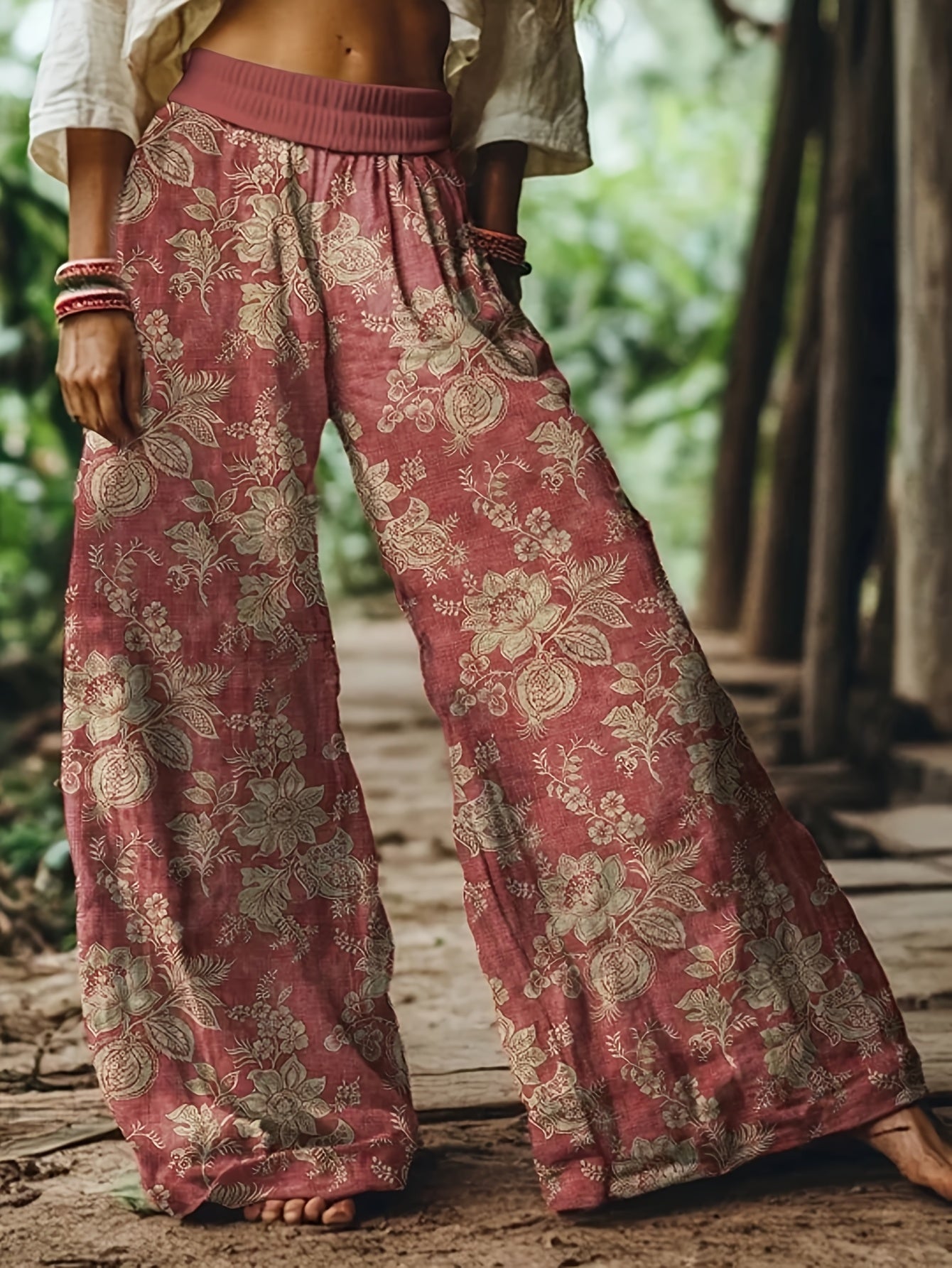 Pantalon large femme style bohème imprimé floral pour look décontracté et week-end