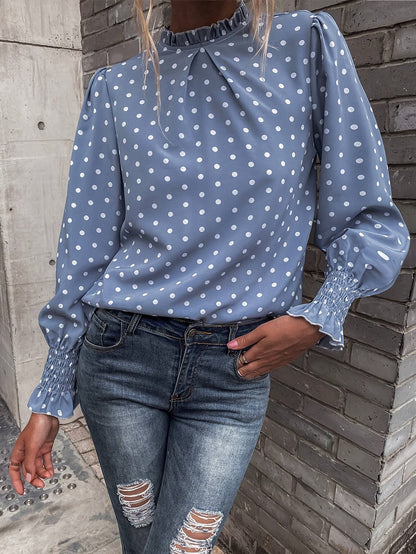 Chemisier Femme à Pois Col Montant Manches Longues Bleue