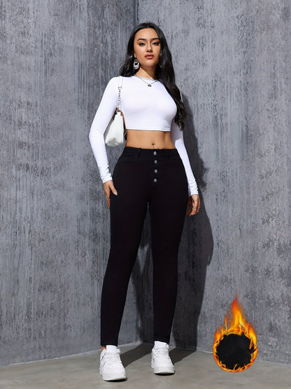 Jean Skinny Femme Noir Taille Haute à Boutons Doublé Chaud