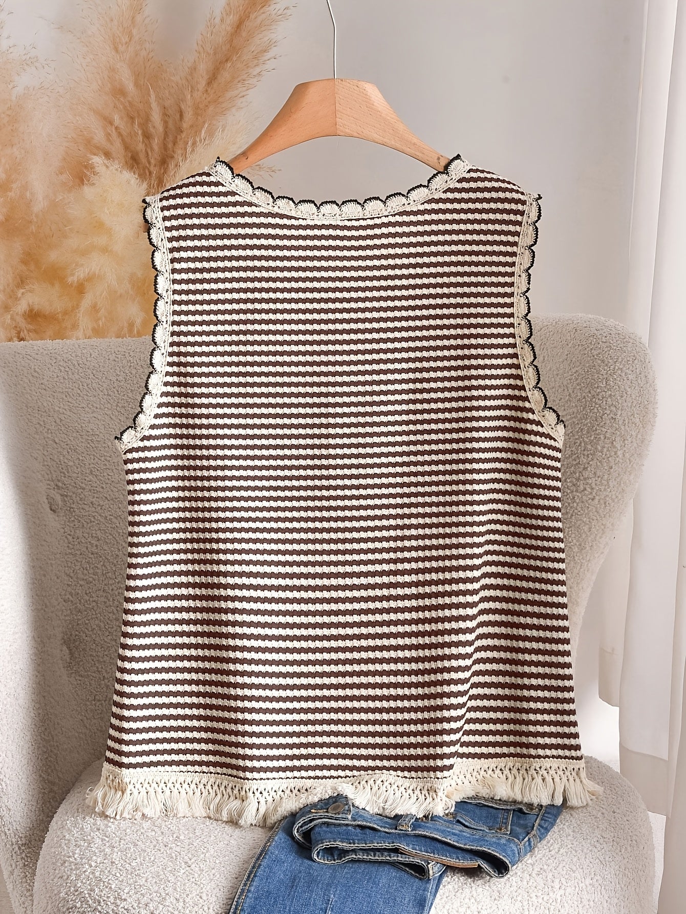 Dames tanktop grote maat elegante stijl met strepen en franjes, voor lente en zomer