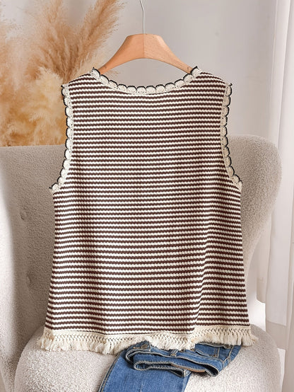 Dames tanktop grote maat elegante stijl met strepen en franjes, voor lente en zomer