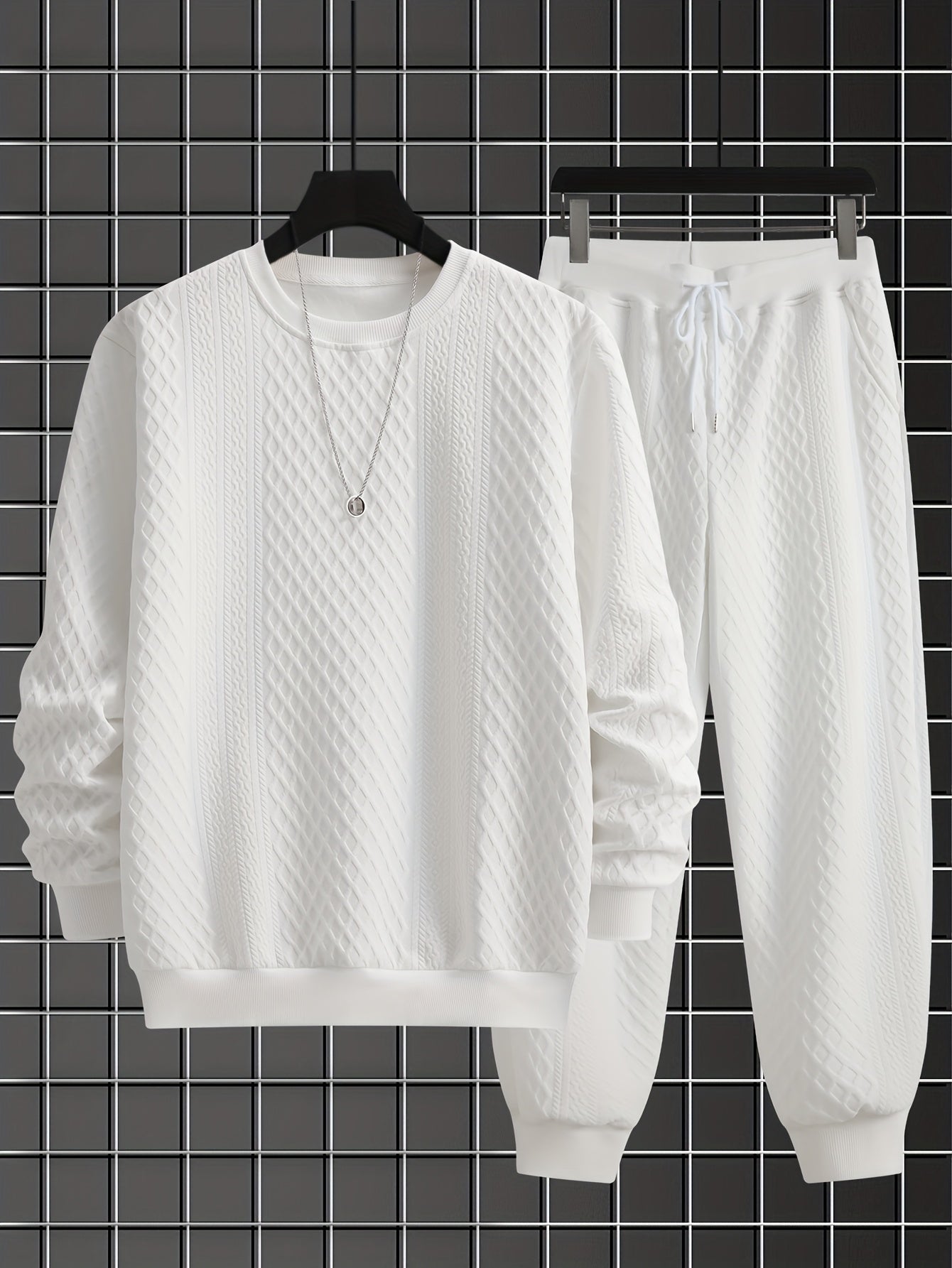 Ensemble Homme Pull Col Rond et Pantalon Jogging Tissé Motif Losanges