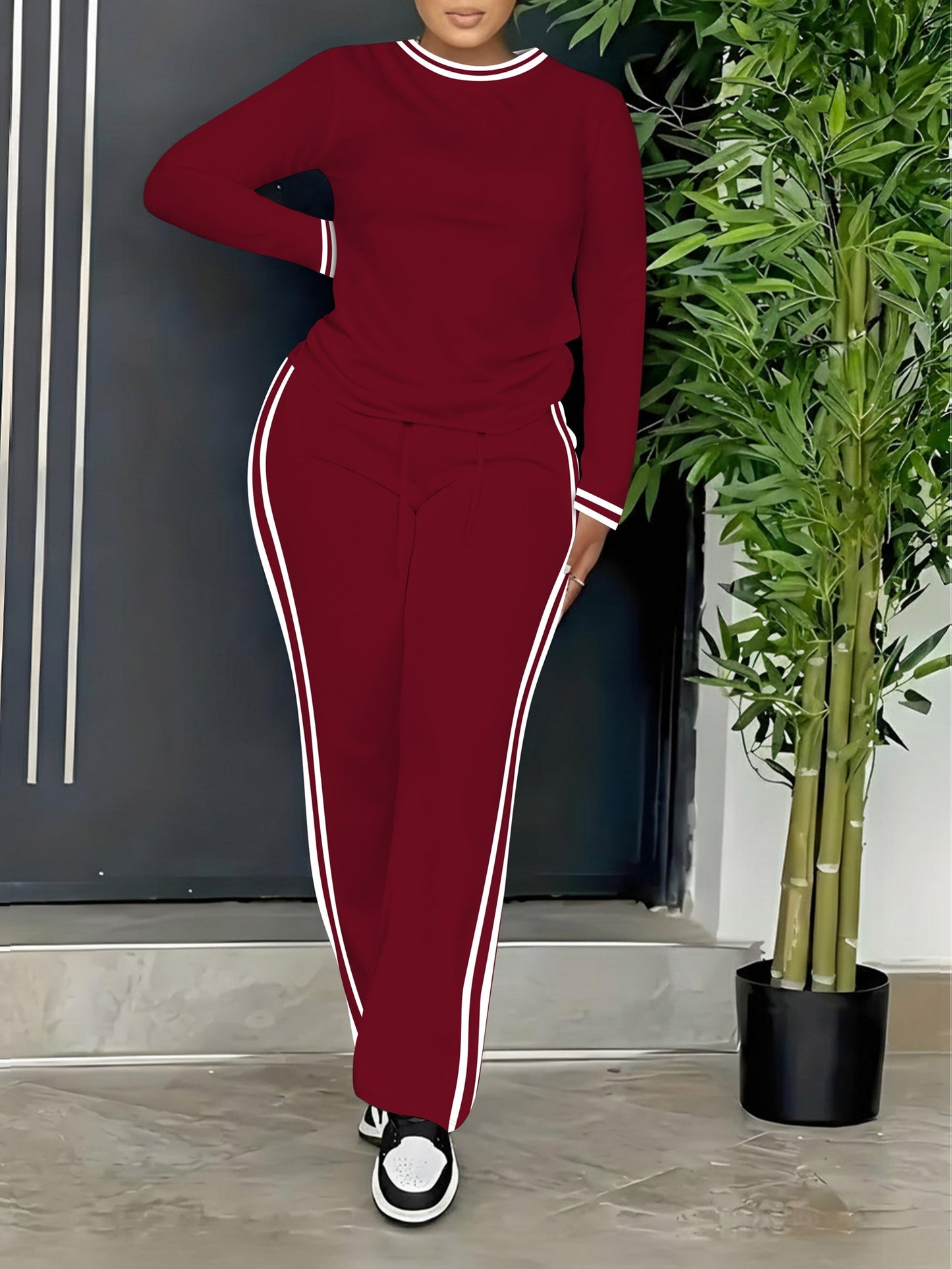 Ensemble Sport Décontracté Femme Manches Longues et Pantalon Rayures Latérales