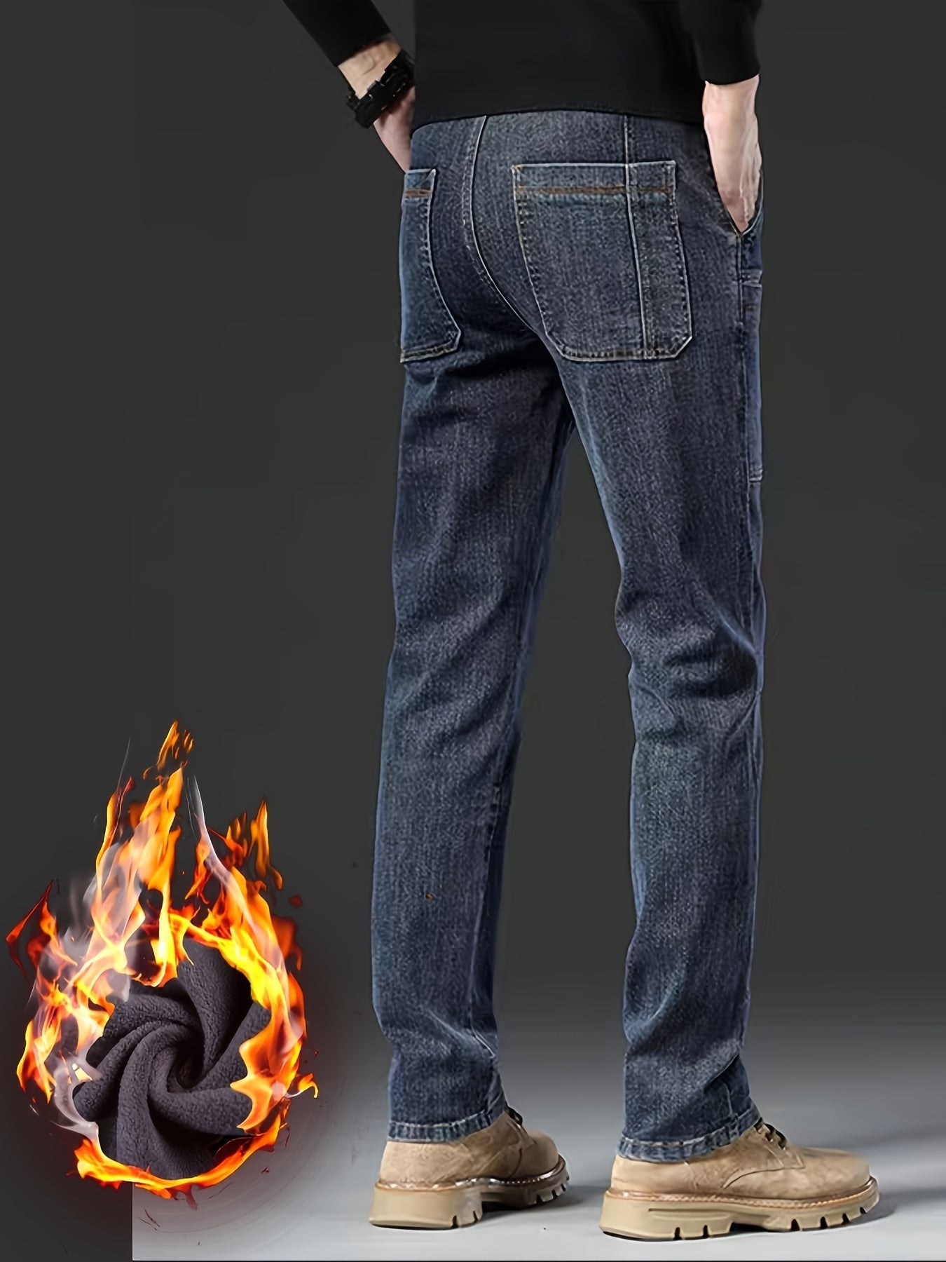 Jean Cargo Homme Hiver Doublé Polaire Coupe Droite Poches Multiples Couleur Unie