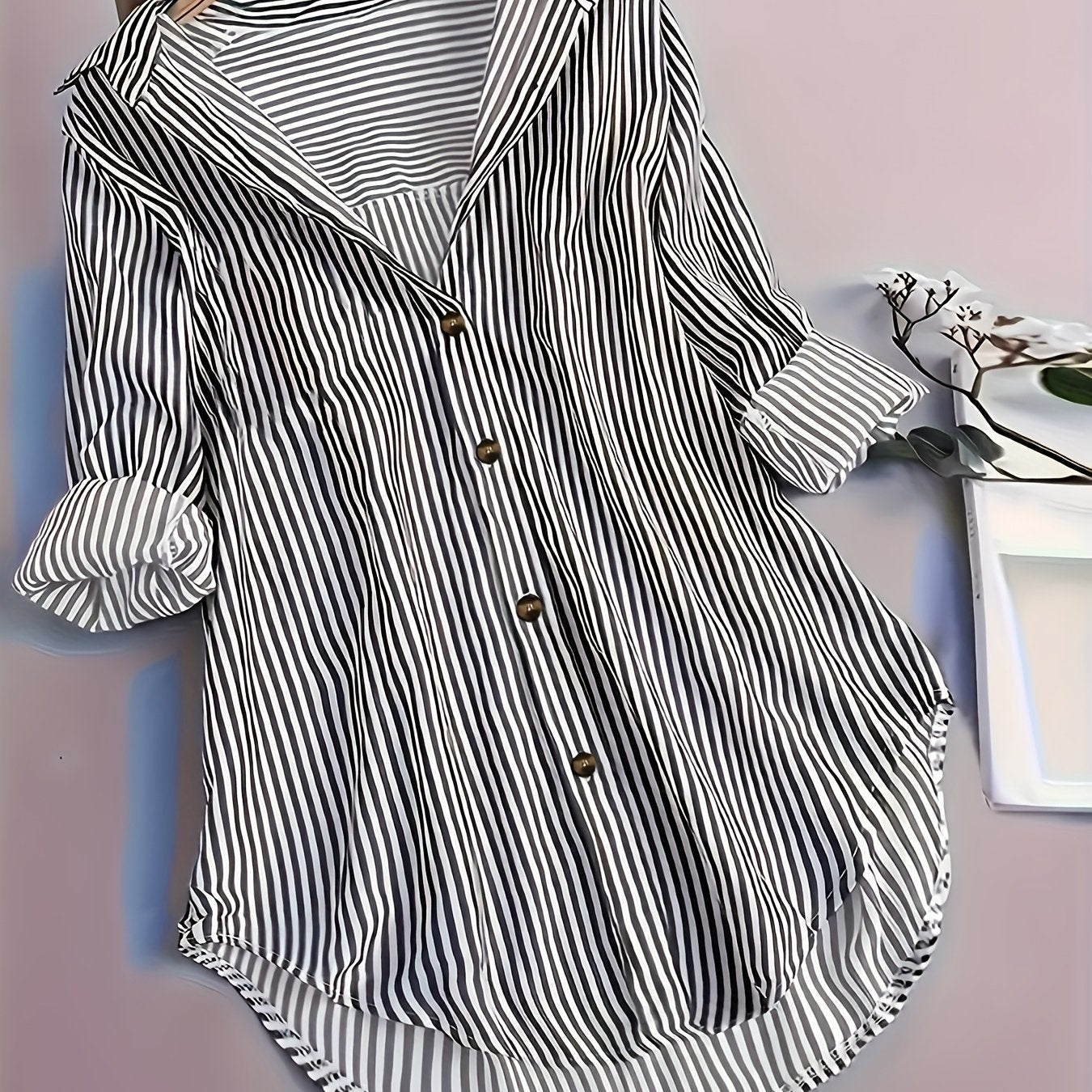 Camicia lunga a righe stile casual da donna, maniche lunghe, ideale per tutti i giorni