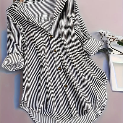 Camicia lunga a righe stile casual da donna, maniche lunghe, ideale per tutti i giorni