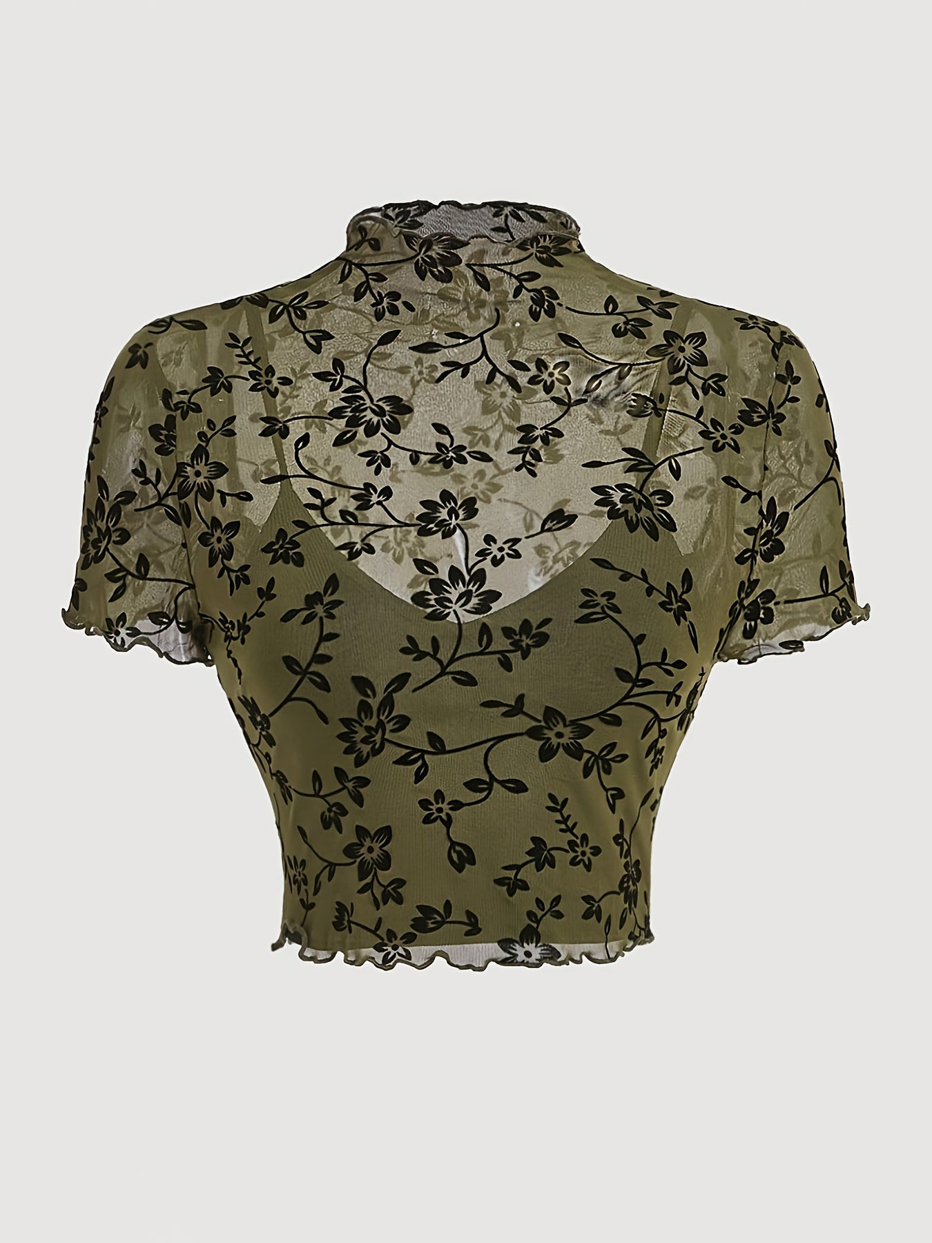 Top donna stile elegante con stampa floreale trasparente e collo alto
