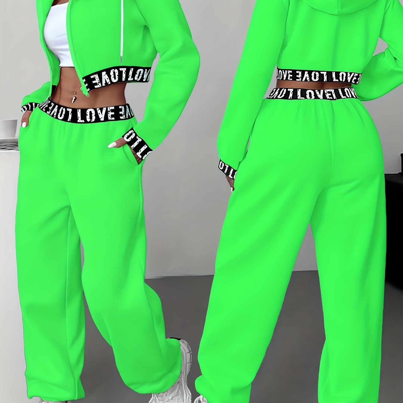 Ensemble survêtement femme crop top à capuche et pantalon large couleur unie