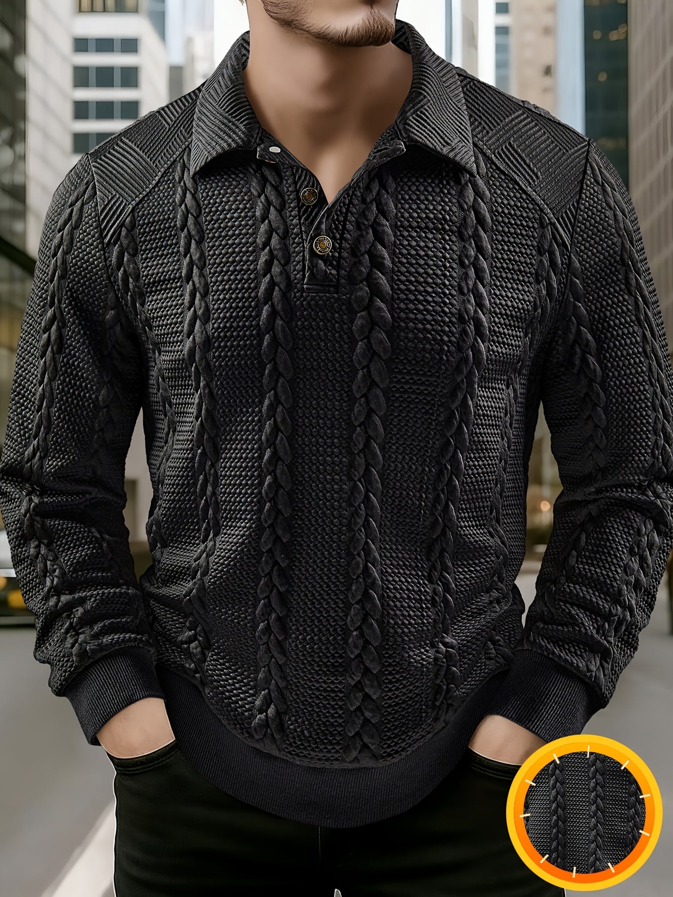 Polo homme tricoté à manches longues noir, col texturé, motif torsadé