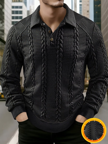 Polo homme tricoté à manches longues noir, col texturé, motif torsadé