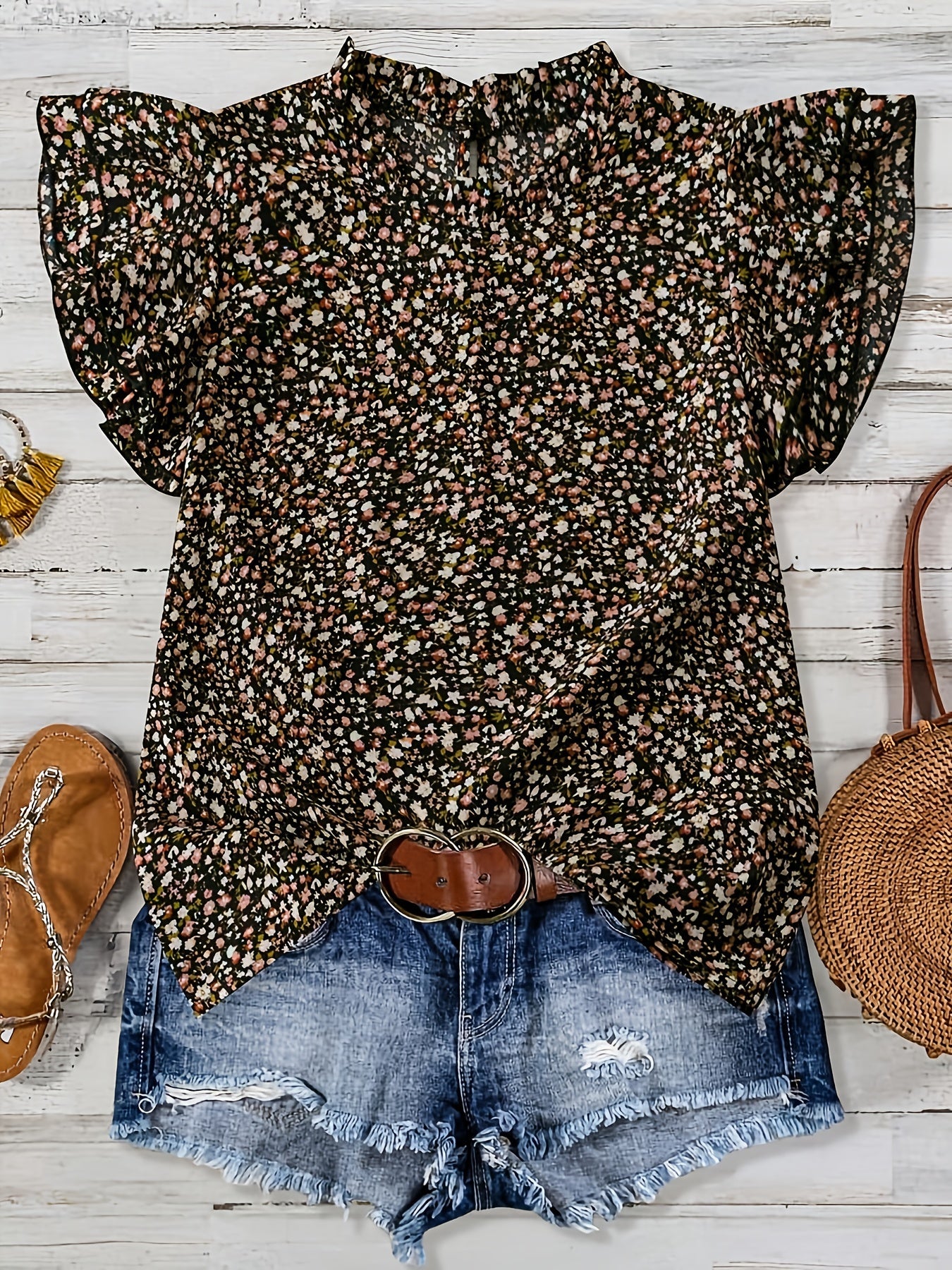 Elegant blommig blus med volangärmar för kvinnor - Avslappnad sommarstil