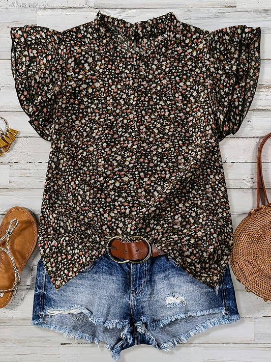 Elegant blommig blus med volangärmar för kvinnor - Avslappnad sommarstil