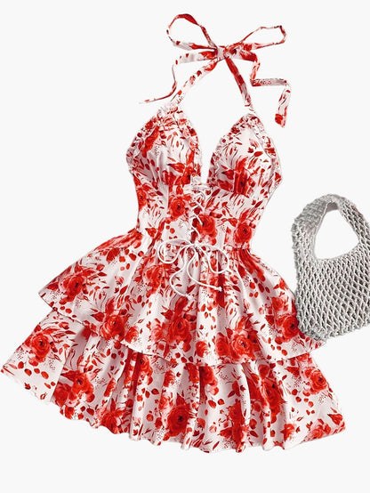 Sommerkjole til kvinder i boheme-stil med flæser, halterneck, blomsterprint, ideel til aftener og fester