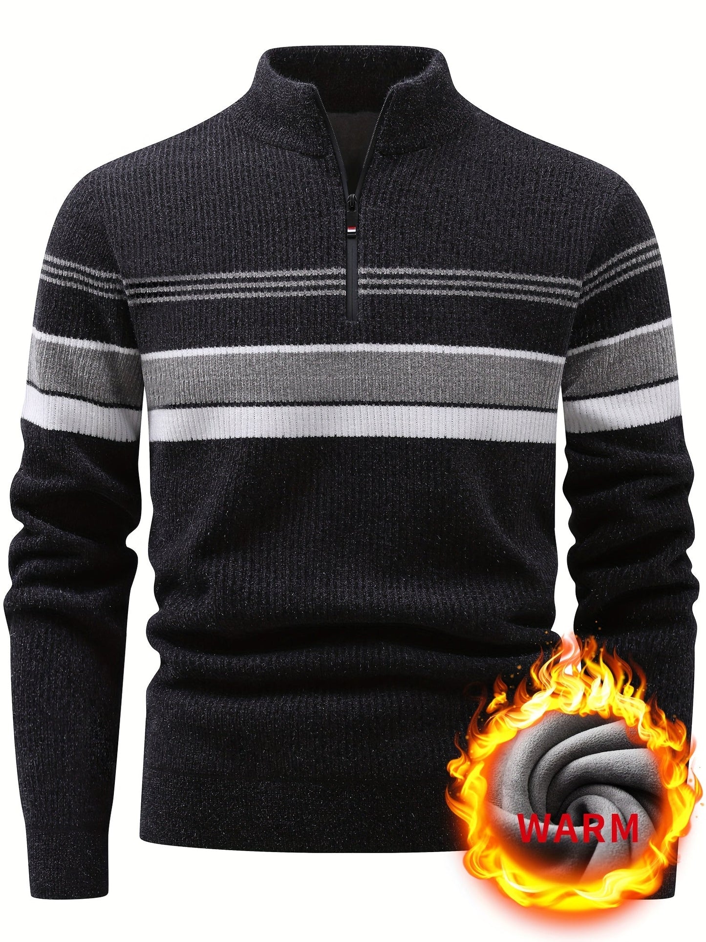 Pull Homme Col Montant Zippé Rayures Horizontales Beige Chaud
