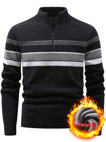Pull Homme Col Montant Zippé Rayures Horizontales Beige Chaud
